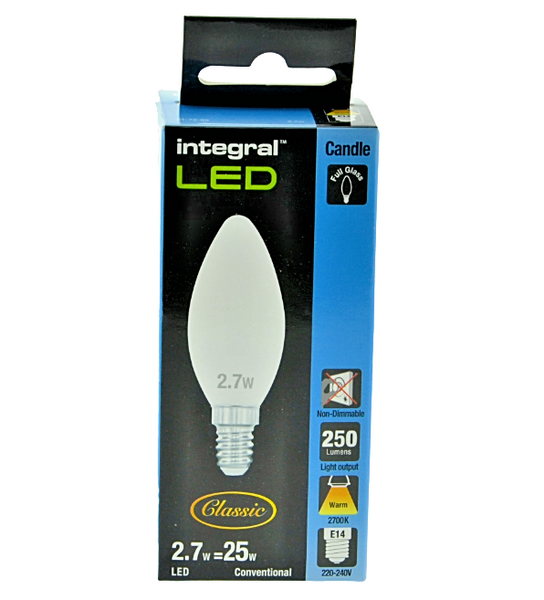 Integral LED Lamp, E14, 2.7W (25W), 2700K, Candle, Frosted, Non-Dimmable